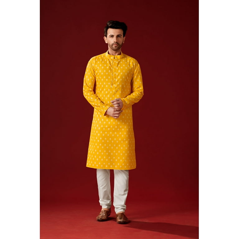 Men s Yellow Color Indian Traditional Wear Tunic Cotton Kurta Pajama Set Walmart