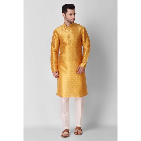 Men's Yellow Color Indian Traditional Wear Tunic Cotton Kurta Pajama Set