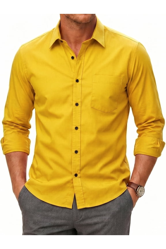 Men's Yellow Dress Shirts Long Sleeve Button Down Shirt Casual Formal Business Tops with Pocket L