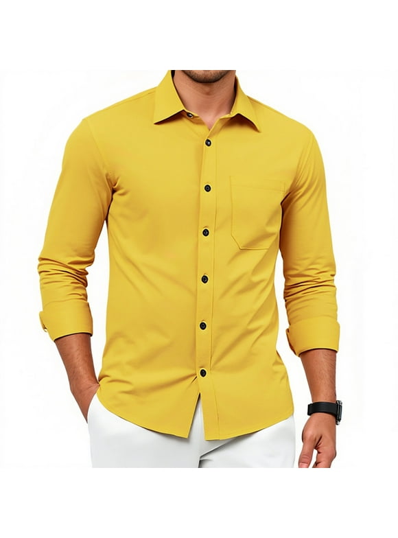 Men's Yellow Dress Shirts Long Sleeve Button Down Shirt Casual Formal Business Tops with Pocket L