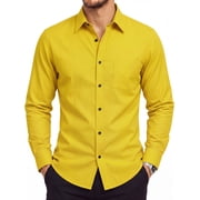 Men's Yellow Dress Shirts Long Sleeve Button Down Shirt Casual Formal Business Tops with Pocket M