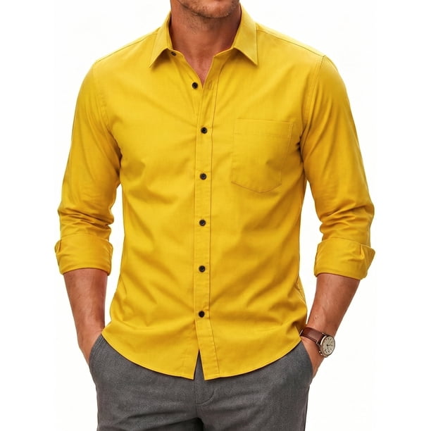yellow mens dress shirts Men's Short Sleeve Hawaiian Shirt Wrinkle-free and Breathable Lemon Ye 3XL(19/19.5) Modena Yellow Twill Classic Fit