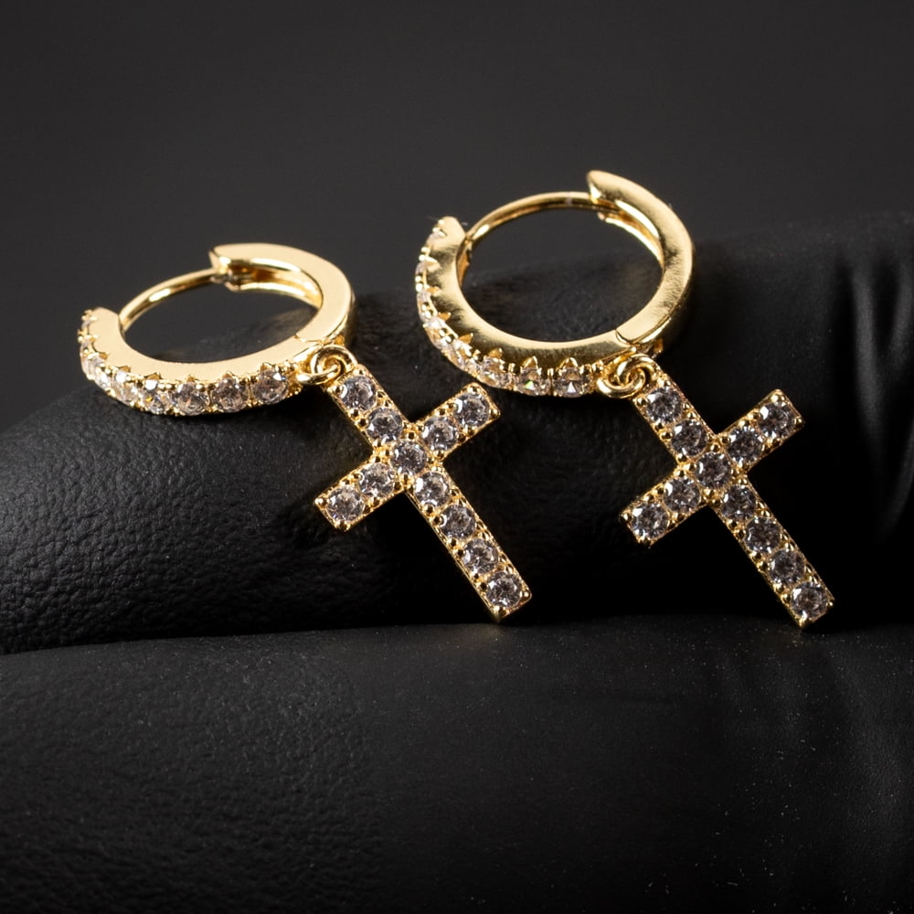 Men's Yellow Gold 925 Sterling Silver Iced Cz Dangle Hanging Cross Hoop Earrings