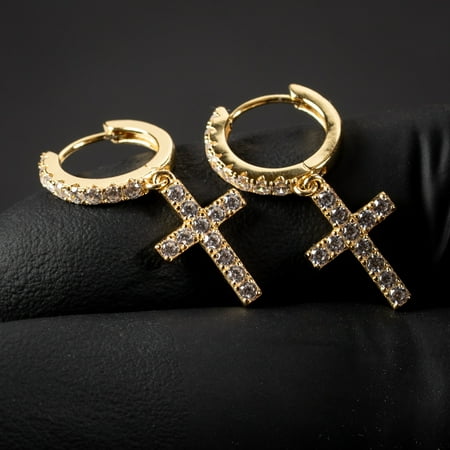 Men's Yellow Gold 925 Sterling Silver Iced Cz Dangle Hanging Cross Hoop Earrings