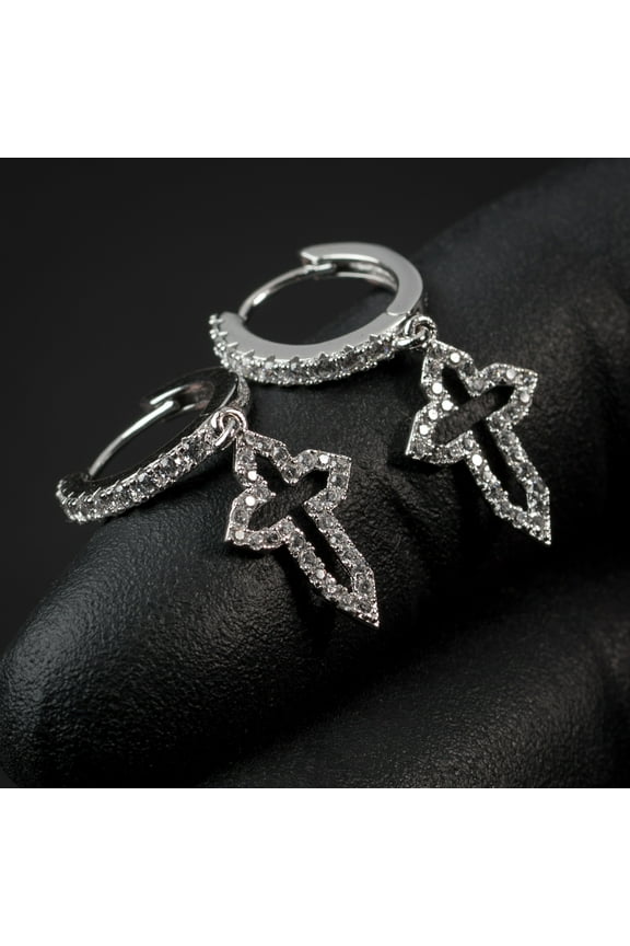 Men's Yellow Gold Plated 925 Sterling Silver Iced Cz Cross Dangle Hoop Earrings