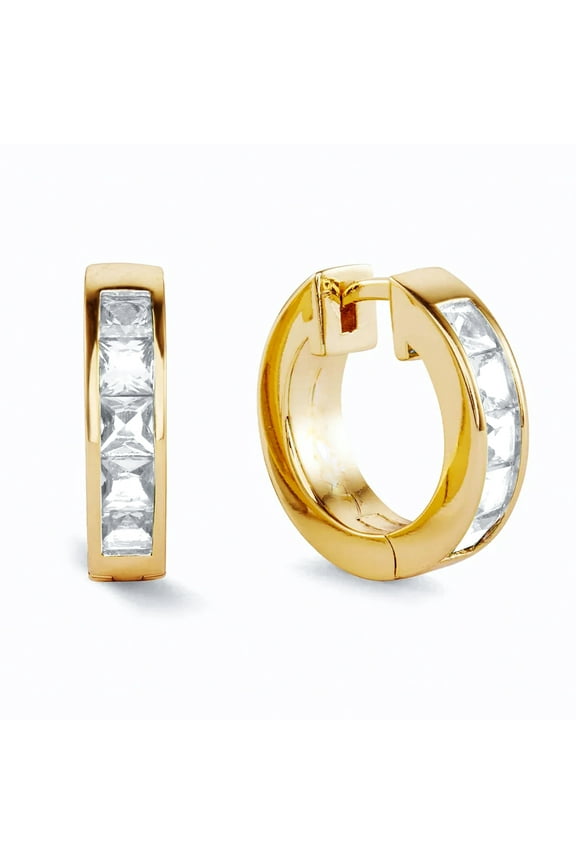 Men's Yellow Gold Plated 925 Sterling Silver Square Princess Cut Iced 5A Cz Trendy Classic Unisex 14mm Hoops Hypoallergenic Huggie Hoop Earrings