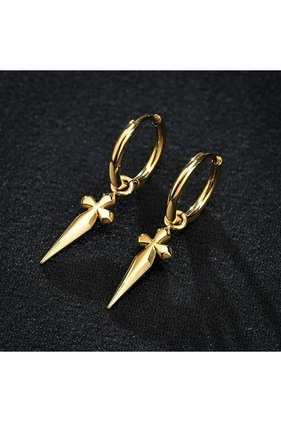Men's Yellow Gold Solid Sterling Silver Dangle Dagger Hanging Cross Hoop Earrings