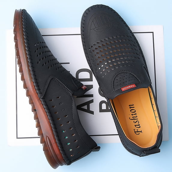 Men's Yellow Hand Stitched Perforated Slip On Moccasin Loafers, Soft Flexible Non-Slip Driving Leather Shoes, Wide Toe Breathable Casual Walking Footwear