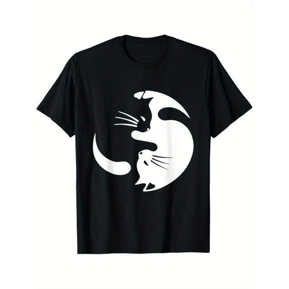 Men's Yin Yang Cat Graphic T-Shirt - Soft 100% Cotton, Breathable Short Sleeve, Perfect for Casual Wear, Cat Clothes, Black锛孲-5XL