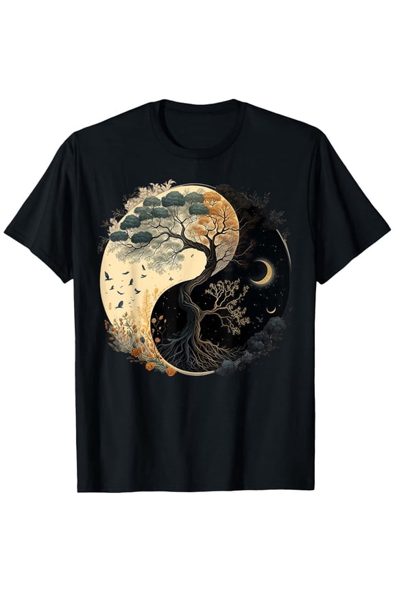 Men's Yin Yang Tree of Life Moon & Sun Graphic T-Shirt - Soft Cotton, Short Sleeve, Round Neck, Casual Fit, Black with Artistic Duality Design, Perfect for Casual Attire or Date Nights
