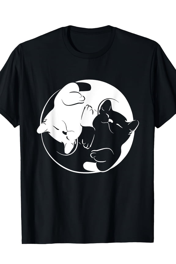 Men's Yin Yang Zen Cats Graphic T-Shirt - 100% Cotton, Short Sleeve, Casual Black Tee with White Cat Design, Breathable and Comfortable for All Seasons, Casual Wear Tee | Zen Design Shirt
