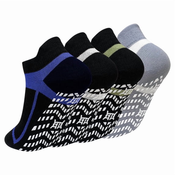 Non Slip Grip Socks for Men, PUTUO Cotton Pilates Hospital Fitness Sports Socks for Men with Grips, 4 Pairs, Size 11-13