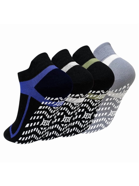 Non Slip Grip Socks for Men, PUTUO Cotton Pilates Hospital Fitness Sports Socks for Men with Grips, 4 Pairs, Size 11-13