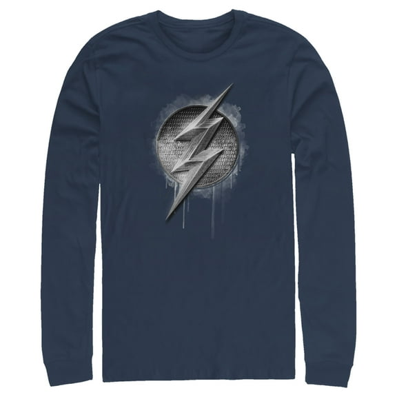 Men's Zack Snyder Justice League The Flash Silver Logo  Long Sleeve Shirt Navy Blue 2X Large