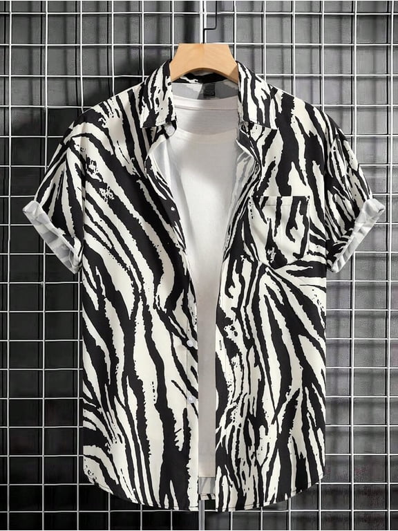 Men's Zebra Striped Print Short Sleeve Button Up Shirt, Lapel Collar With Chest Pocket, Relaxed Fit Casual Top For Daily Going Out And Holiday Occasions