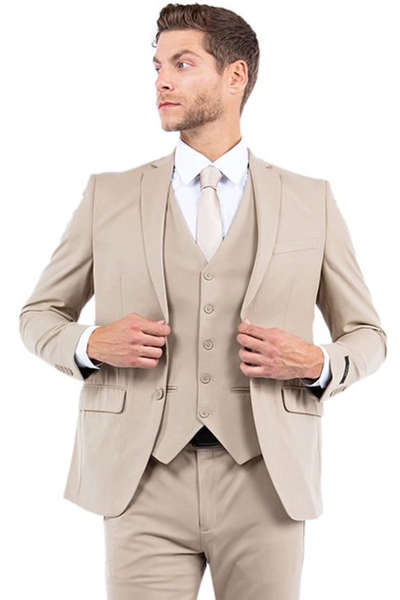Men's Zegarie Suits Tan Slim Fit Suit with Vest & One Button Closure 44 Long