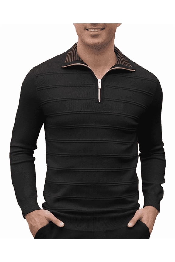 Men's Zip-Collar Stretch Cotton-Blend Thermal Pullover, Modern Fall/Winter Streetwear Layering Top
