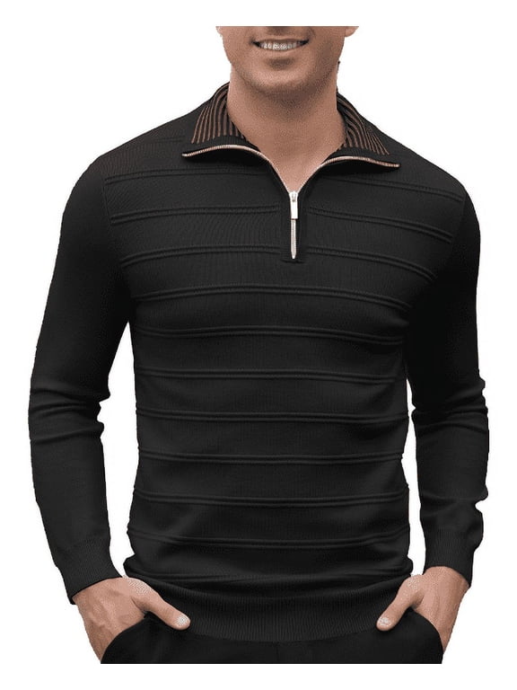 Men's Zip-Collar Stretch Cotton-Blend Thermal Pullover, Modern Fall/Winter Streetwear Layering Top