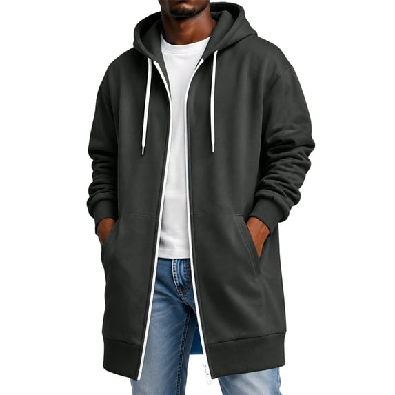 Men's Zip Long Length Hoodie Solid Color Soft Sweatshirt Lightweight Lounge Big and Tall Jacket with Pockets for Travel Vacation Dark Gray 4XL