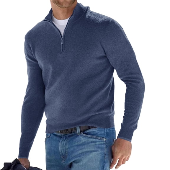 Men's Zip Sweater Casual Mock Neck Pullover Ribbed Knit Polo Sweater