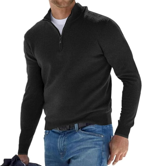 Men's Zip Sweater Casual Mock Neck Pullover Ribbed Knit Polo Sweater