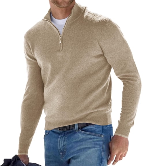 Men's Zip Sweater Casual Mock Neck Pullover Ribbed Knit Polo Sweater