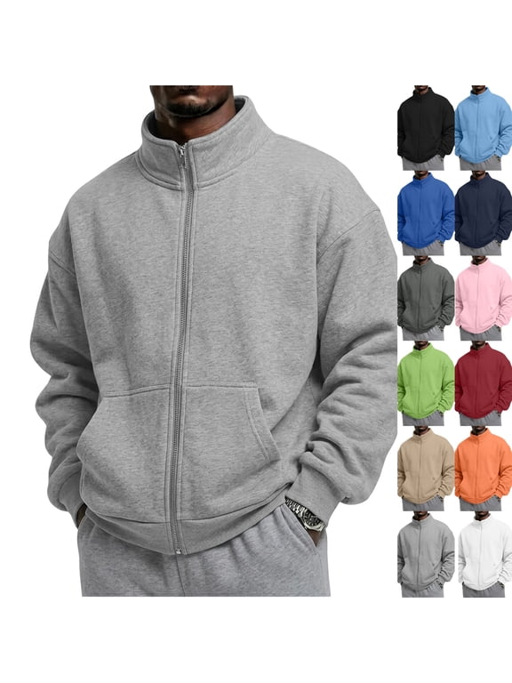 Men's Zip Up Sweatshirt Mock Neck Cotton Jacket | Lightweight Soft Cotton Jacket, Mock Neck Sweatshirt, Full Zipper, No Hood, Fall Winter Casual Wear, Outdoor Office Business Light Gray S