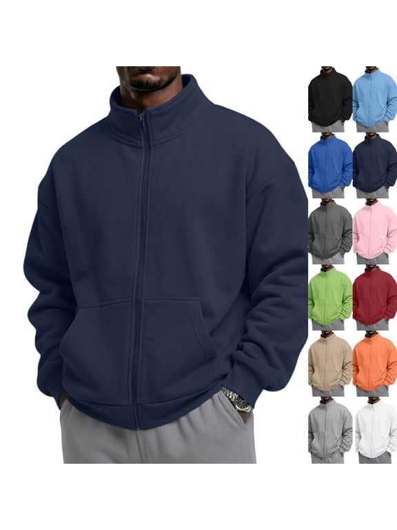 Men's Zip Up Sweatshirt Mock Neck Cotton Jacket | Lightweight Soft Cotton Jacket, Mock Neck Sweatshirt, Full Zipper, No Hood, Fall Winter Casual Wear, Outdoor Office Business Navy XL