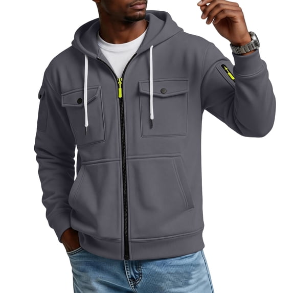 Men's Zip Up Cargo Hoodie Multi Pocket Drawstring Hood Long Sleeve Outdoor Tactical Hooded Jacket Dark Gray 3XL