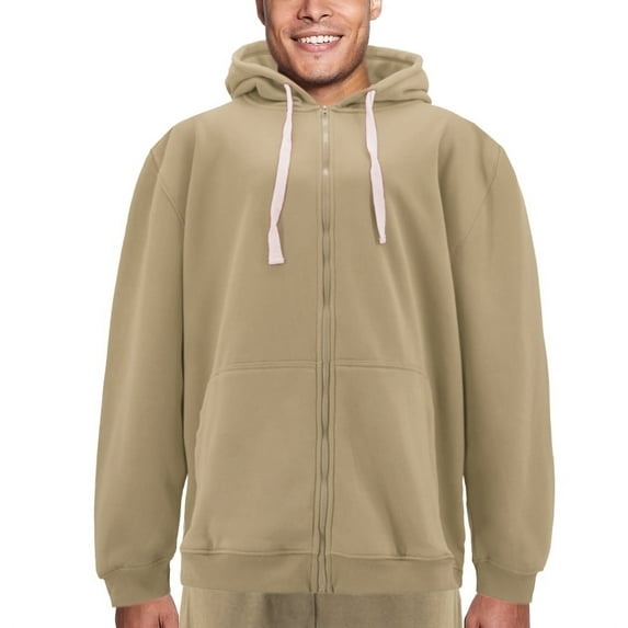 Men's Zip Up Drawstring Fleece Lined Athletic Sport Fitness Gym Sweater Hoodie (Khaki, 5XL)