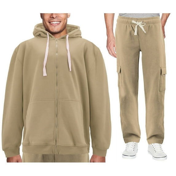 Men's Zip Up Fleece Sports Gym Athletic Jogging Track Sweat Suit 2 Piece Set (Khaki, 4XL)