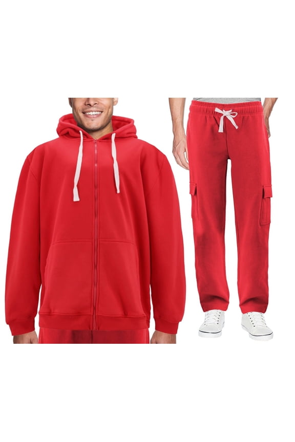 Men's Zip Up Fleece Sports Gym Athletic Jogging Track Sweat Suit 2 Piece Set (Red, 6XL)