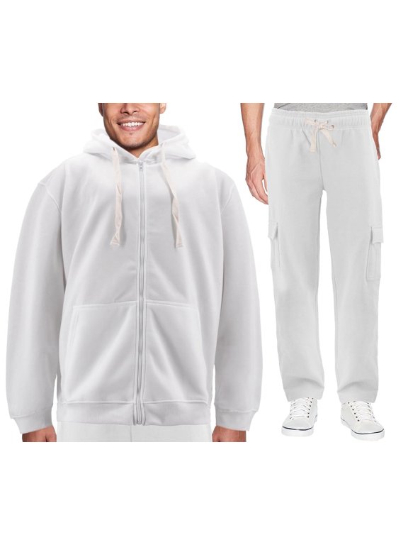Men's Zip Up Fleece Sports Gym Athletic Jogging Track Sweat Suit 2 Piece Set (White, 6XL)