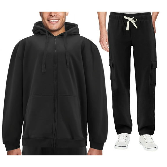 Men's Zip Up Fleece Sports Gym Jogging Track Black Sweat Suit 2 Piece Set (4XL)