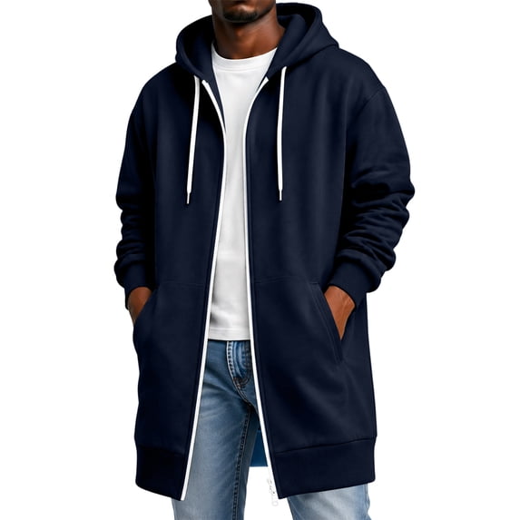 Men's Zip Up Hooded Jacket Long Length Breathable Sweatshirt Comfortable Lounge Big and Tall Tops with Pockets for Fall Winter Sports Navy 4XL
