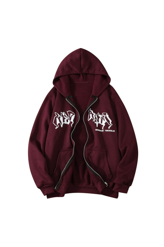 Men's Zip Up Hooded Sweatshirt Streetwear Print Hop Jacket 90s Retro Unisex Fashion Top With Drawstring