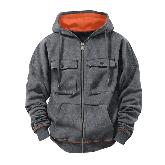 Men's Zip Up Hoodie Cargo Jacket with Multi-pockets Drawstring Colorblock Hood Thick Long Sleeve Hiking Sports Coat (L, Dark Gray)