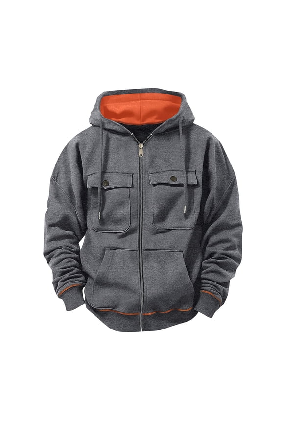 Men's Zip Up Hoodie Cargo Jacket with Multi-pockets Drawstring Colorblock Hood Thick Long Sleeve Hiking Sports Coat (M, Dark Gray)