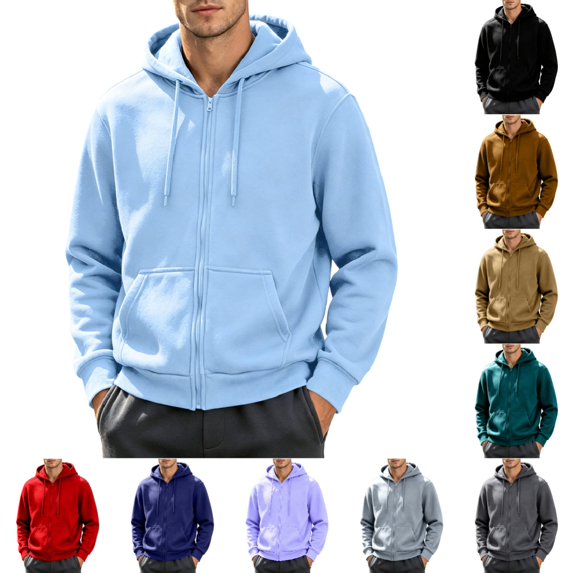 Men's Zip-Up Hoodie Classic Solid Color Long Sleeve Hoodies Casual Drawstring Basic Fit Pullover with Pocket Light Blue XL