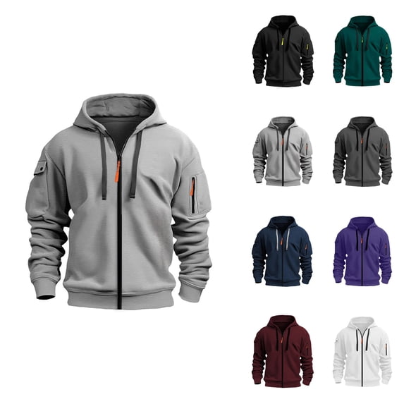 Men's Zip-Up Hoodie with Embroidered Badge Pocket, Casual Pullover Sweatshirt for Outdoor Sports & Daily Wear, Cargo Style Military Tactical Jacket, Vintage Workout Running Active Hoodie with Pockets