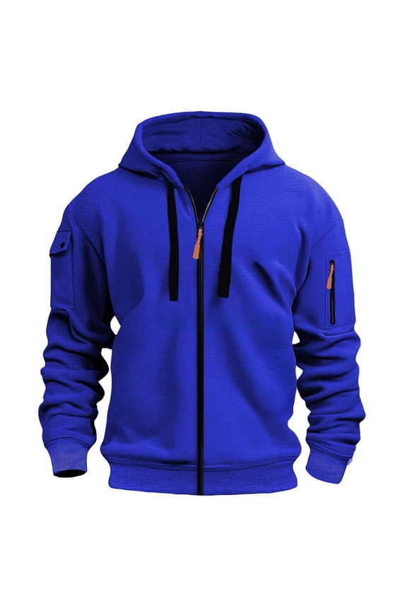 Men's Zip-Up Hoodie with Embroidered Badge Pocket, Casual Pullover Sweatshirt for Outdoor Sports & Daily Wear, Cargo Style Military Tactical Jacket, Vintage Workout Running Active Hoodie with Pockets