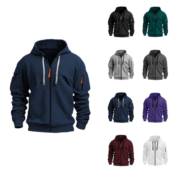 Men's Zip-Up Hoodie with Embroidered Badge Pocket, Casual Pullover Sweatshirt for Outdoor Sports & Daily Wear, Cargo Style Military Tactical Jacket, Vintage Workout Running Active Hoodie with Pockets