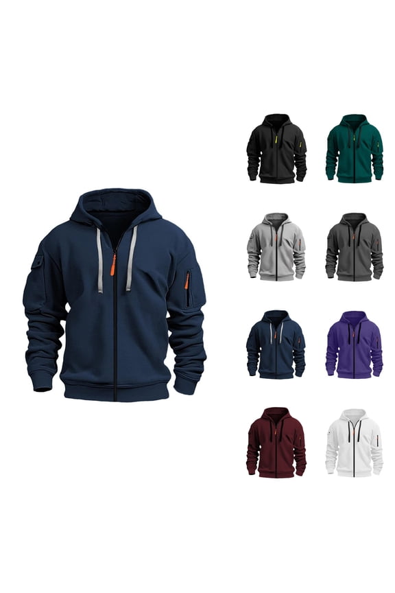 Men's Zip-Up Hoodie with Embroidered Badge Pocket, Casual Pullover Sweatshirt for Outdoor Sports & Daily Wear, Cargo Style Military Tactical Jacket, Vintage Workout Running Active Hoodie with Pockets