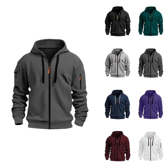 Men's Zip-Up Hoodie with Embroidered Badge Pocket, Casual Pullover Sweatshirt for Outdoor Sports & Daily Wear, Cargo Style Military Tactical Jacket, Vintage Workout Running Active Hoodie with Pockets