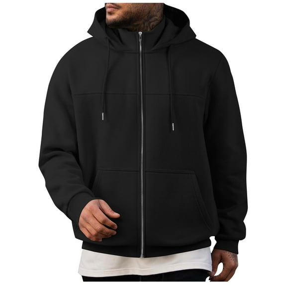 Men's Zip Up Hoodie Jacket with Pockets High Neck Drawstring Hooded Sweatshirt Sports Coat for Fall Winter Casual (L, Black)