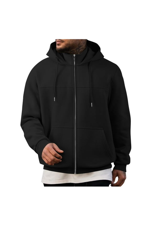 Men's Zip Up Hoodie Jacket with Pockets High Neck Drawstring Hooded Sweatshirt Sports Coat for Fall Winter Casual (L, Black)