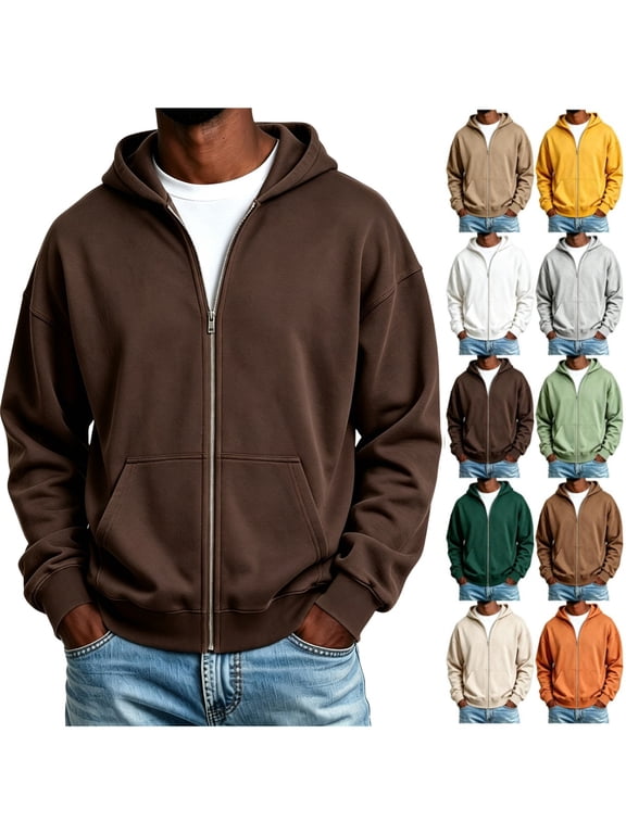 Men's Zip Up Hoodie Lightweight Warm Full Zipper Hooded Jacket Casual Baggy Basic Solide Color Windbreaker Coat
