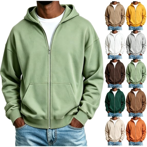 Men's Zip Up Hoodie Lightweight Warm Full Zipper Hooded Jacket Casual Baggy Basic Solide Color Windbreaker Coat