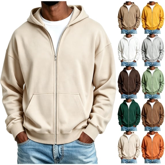 Men's Zip Up Hoodie Lightweight Warm Full Zipper Hooded Jacket Casual Baggy Basic Solide Color Windbreaker Coat