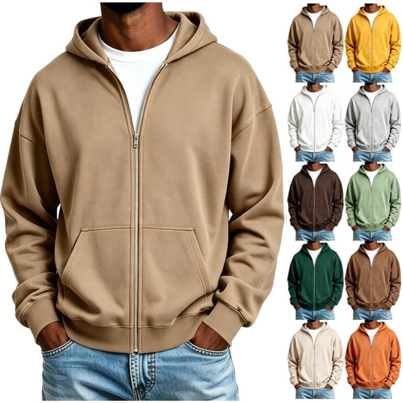 Men's Zip Up Hoodie Lightweight Warm Full Zipper Hooded Jacket Casual Baggy Basic Solide Color Windbreaker Coat